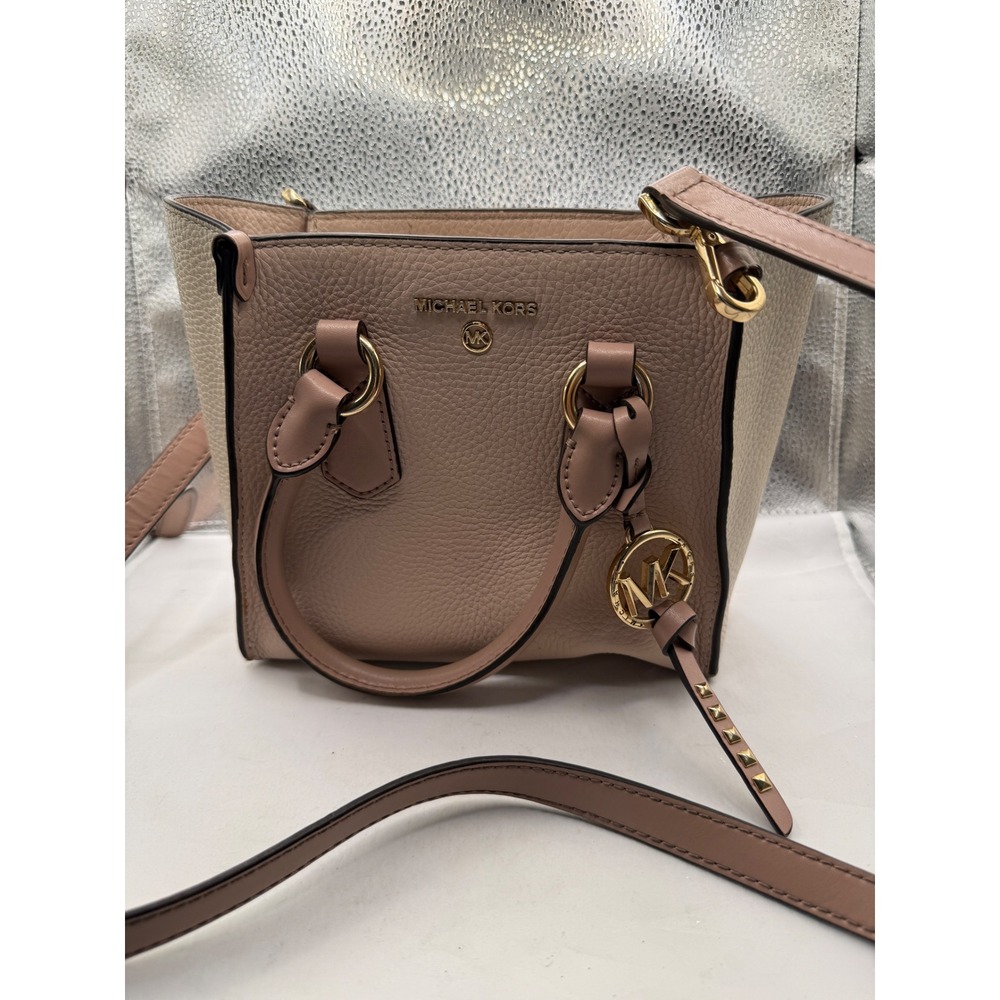 Michael Kors Pink‎ Beige Leather Satchel Crossbody Bag Gold Hardware MK Charm